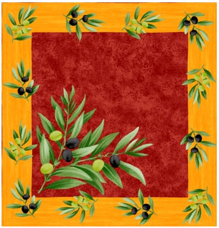 Provence print fabric tea towel (olives. red x orange) - Click Image to Close